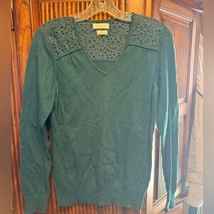 Van Heusen Teal V-Neck Sweater with Lace Shoulders
Size medium